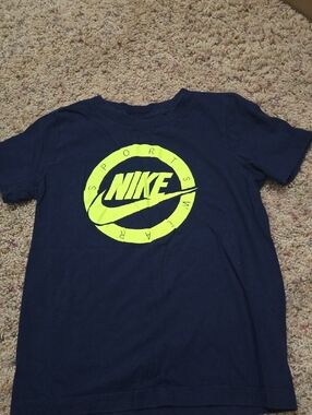 Nike Boys Navy T-Shirt with Neon Yellow Logo